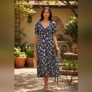 Abercrombie & Fitch  Cottagecore Navy Blue Floral Midi Dress Size S